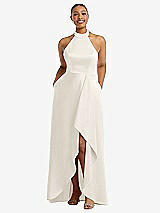 Front View Thumbnail - Ivory High-Neck Tie-Back Halter Cascading High Low Maxi Dress