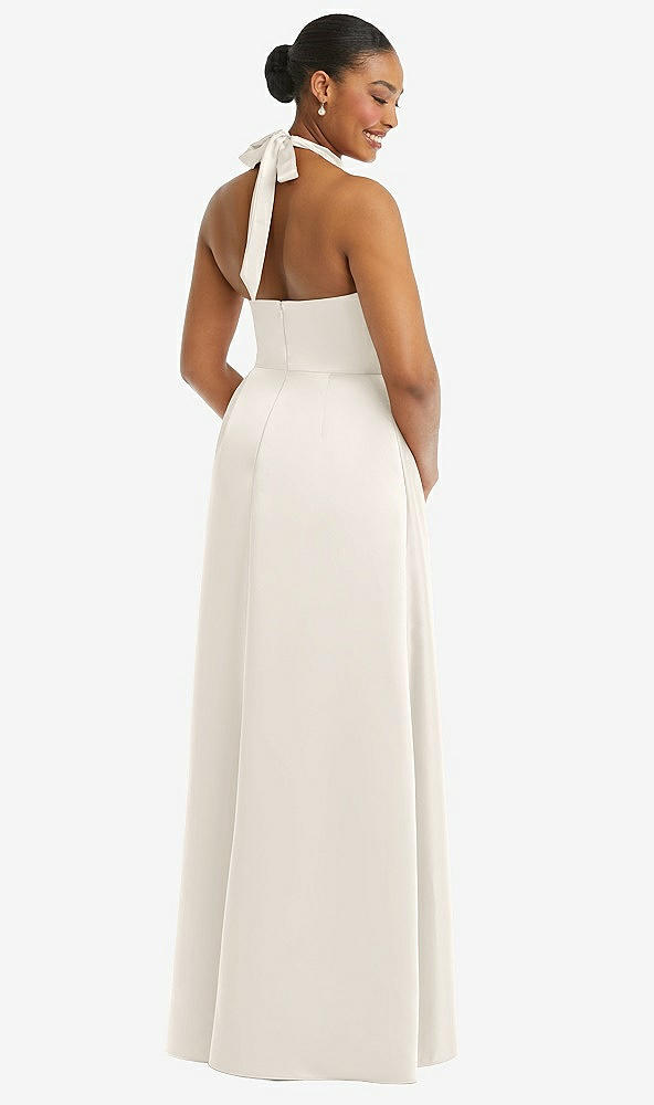 Back View - Ivory High-Neck Tie-Back Halter Cascading High Low Maxi Dress