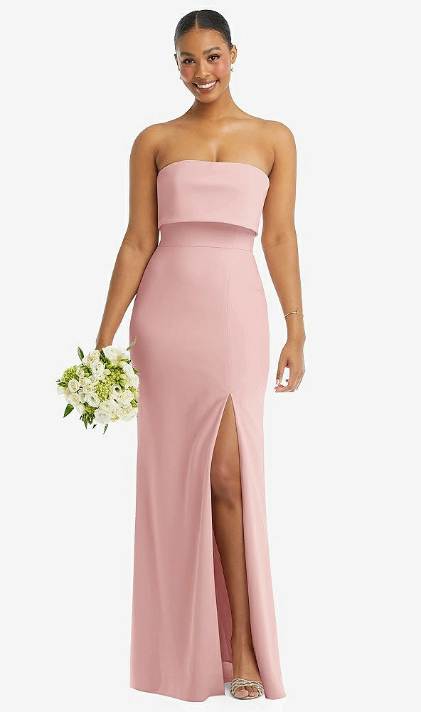 Front View - Rose Strapless Overlay Bodice Crepe Maxi Dress with Front Slit