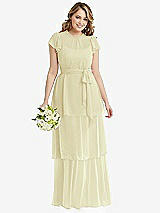 Front View Thumbnail - Butter Yellow Flutter Sleeve Jewel Neck Chiffon Maxi Dress with Tiered Ruffle Skirt