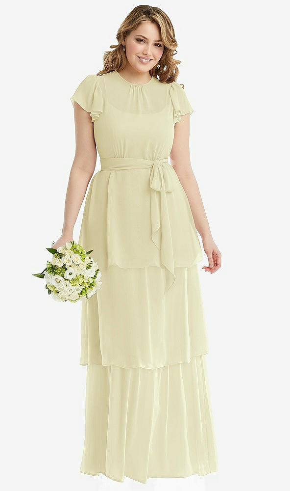 Front View - Butter Yellow Flutter Sleeve Jewel Neck Chiffon Maxi Dress with Tiered Ruffle Skirt