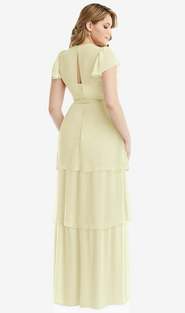 Back View - Butter Yellow Flutter Sleeve Jewel Neck Chiffon Maxi Dress with Tiered Ruffle Skirt