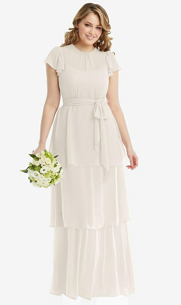 Front View - Ivory Flutter Sleeve Jewel Neck Chiffon Maxi Dress with Tiered Ruffle Skirt