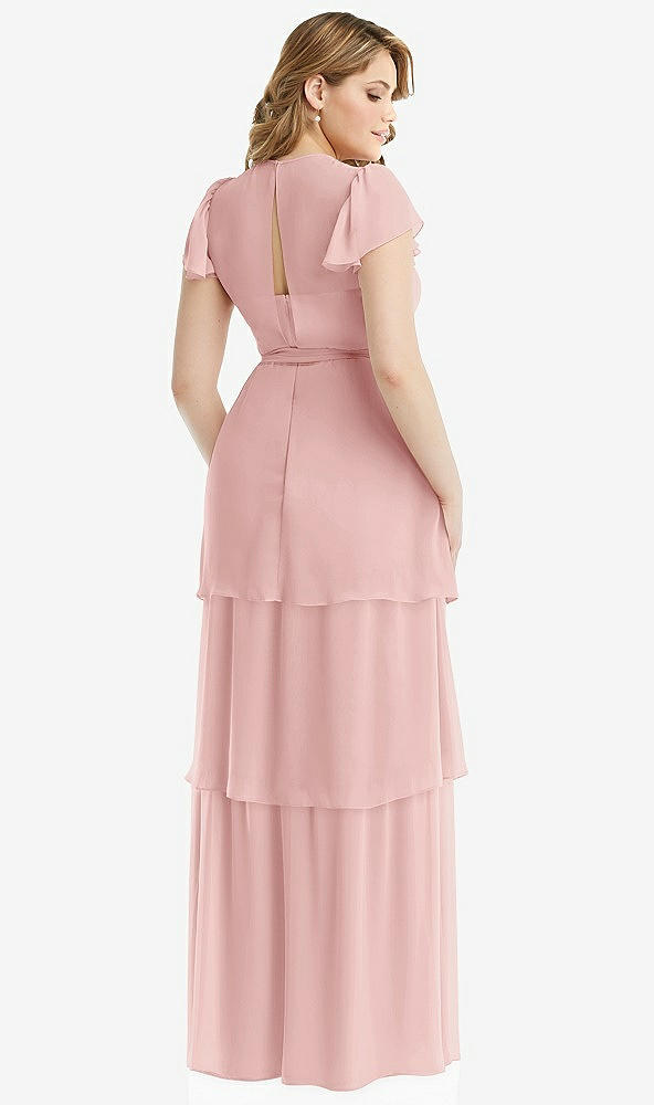 Back View - Rose Flutter Sleeve Jewel Neck Chiffon Maxi Dress with Tiered Ruffle Skirt