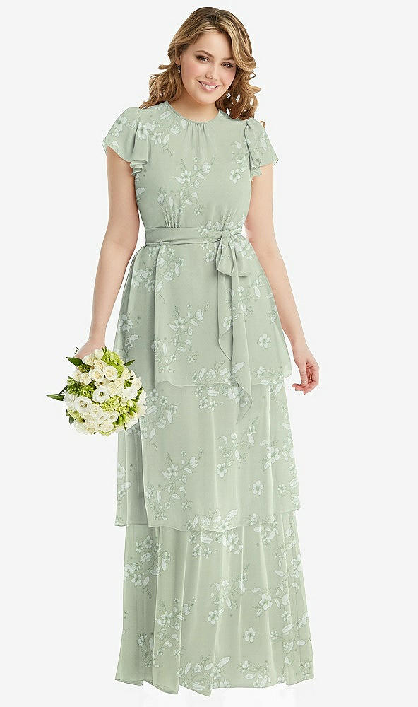 Front View - Vintage Primrose Sage Flutter Sleeve Jewel Neck Chiffon Maxi Dress with Tiered Ruffle Skirt