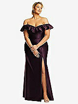 Front View Thumbnail - Deep Plum Off-the-Shoulder Ruffle Neck Satin Trumpet Gown