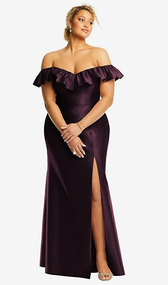 Front View - Deep Plum Off-the-Shoulder Ruffle Neck Satin Trumpet Gown