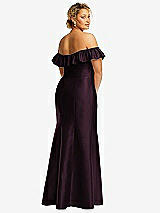 Rear View Thumbnail - Deep Plum Off-the-Shoulder Ruffle Neck Satin Trumpet Gown