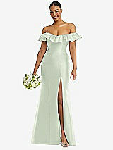 Alt View 1 Thumbnail - Mint Green Off-the-Shoulder Ruffle Neck Satin Trumpet Gown