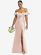 Alt View 1 Thumbnail - Blush Off-the-Shoulder Ruffle Neck Satin Trumpet Gown