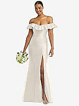 Alt View 1 Thumbnail - Ivory Off-the-Shoulder Ruffle Neck Satin Trumpet Gown