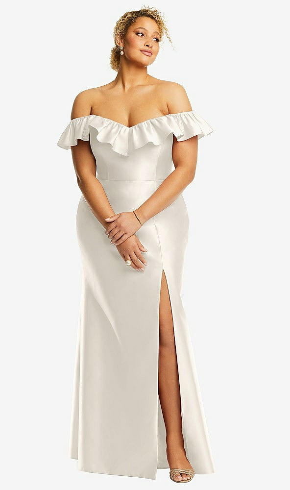 Front View - Ivory Off-the-Shoulder Ruffle Neck Satin Trumpet Gown