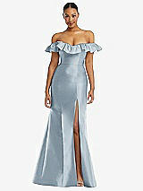Alt View 3 Thumbnail - Mist Off-the-Shoulder Ruffle Neck Satin Trumpet Gown