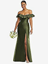 Alt View 1 Thumbnail - Olive Green Off-the-Shoulder Ruffle Neck Satin Trumpet Gown