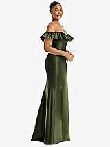 Alt View 4 Thumbnail - Olive Green Off-the-Shoulder Ruffle Neck Satin Trumpet Gown