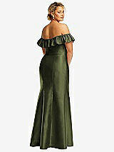Rear View Thumbnail - Olive Green Off-the-Shoulder Ruffle Neck Satin Trumpet Gown