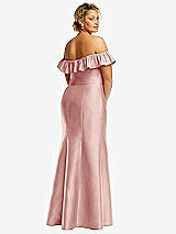 Rear View Thumbnail - Rose Off-the-Shoulder Ruffle Neck Satin Trumpet Gown