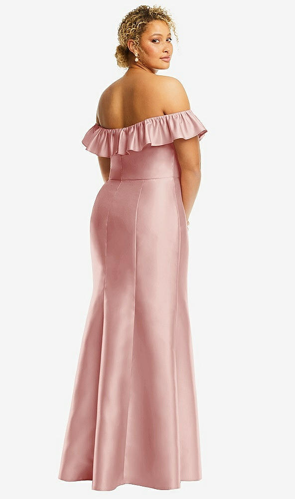 Back View - Rose Off-the-Shoulder Ruffle Neck Satin Trumpet Gown