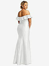 Rear View Thumbnail - White Off-the-Shoulder Ruffle Neck Satin Trumpet Gown