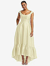 Front View Thumbnail - Butter Yellow Cap Sleeve Deep Ruffle Hem Satin High Low Dress with Pockets