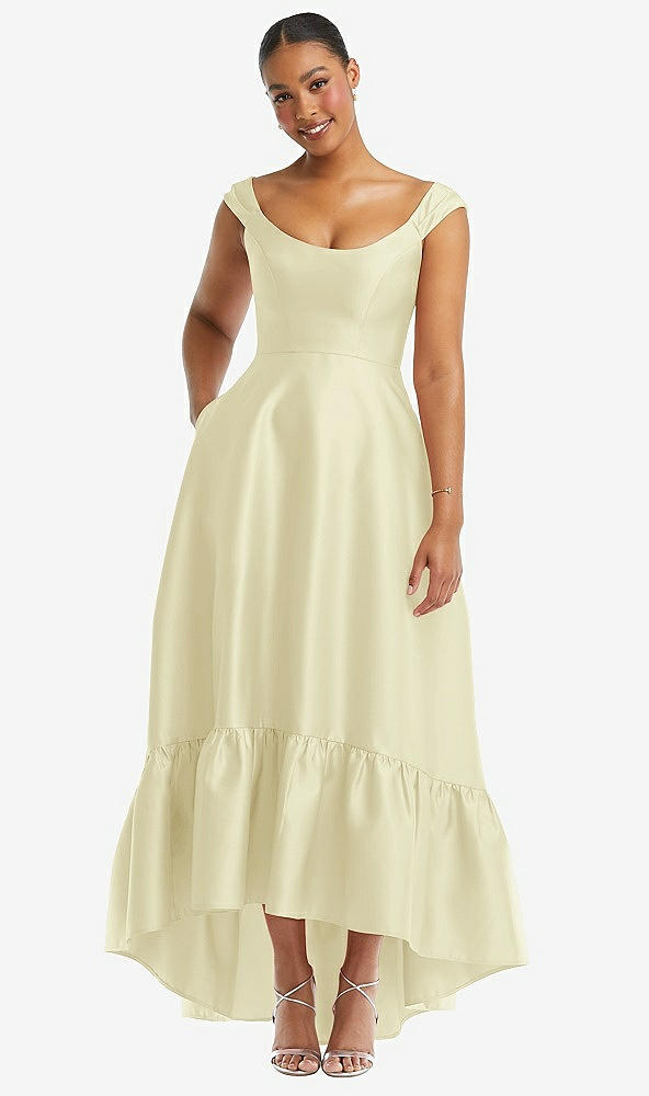 Front View - Butter Yellow Cap Sleeve Deep Ruffle Hem Satin High Low Dress with Pockets