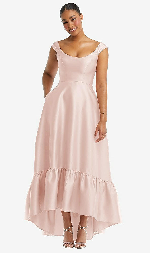 Front View - Blush Cap Sleeve Deep Ruffle Hem Satin High Low Dress with Pockets