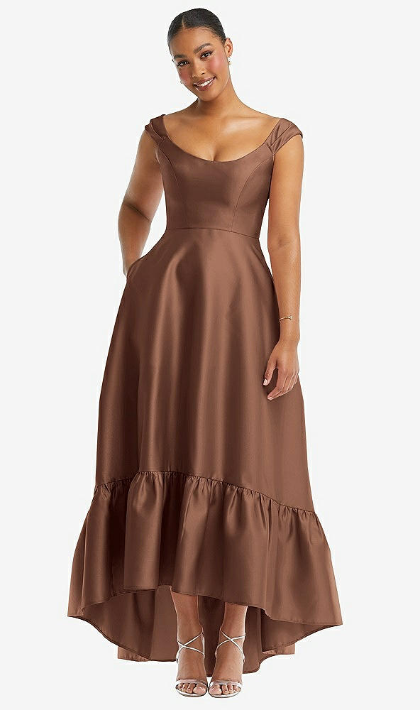 Front View - Cognac Cap Sleeve Deep Ruffle Hem Satin High Low Dress with Pockets