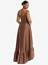 Rear View Thumbnail - Cognac Cap Sleeve Deep Ruffle Hem Satin High Low Dress with Pockets
