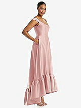 Side View Thumbnail - Rose Cap Sleeve Deep Ruffle Hem Satin High Low Dress with Pockets