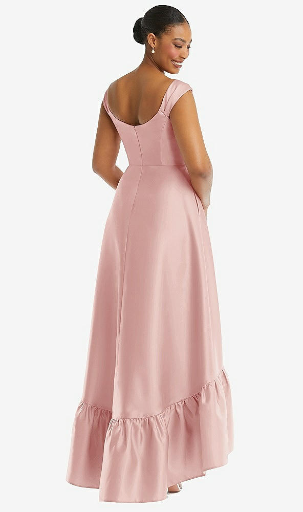 Back View - Rose Cap Sleeve Deep Ruffle Hem Satin High Low Dress with Pockets