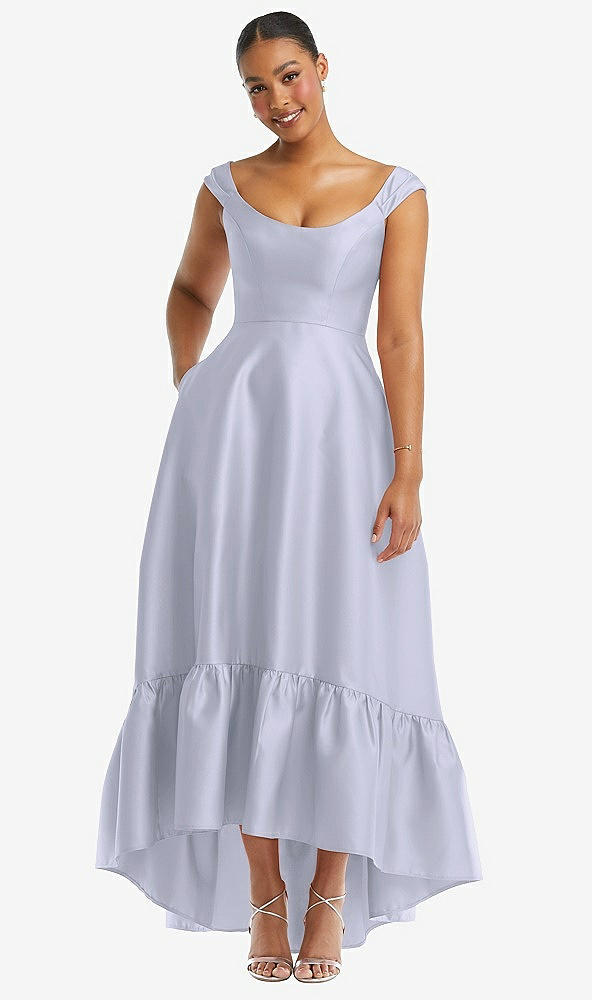 Front View - Silver Dove Cap Sleeve Deep Ruffle Hem Satin High Low Dress with Pockets