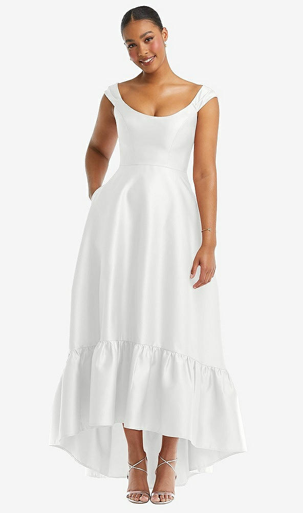 Front View - White Cap Sleeve Deep Ruffle Hem Satin High Low Dress with Pockets