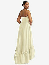 Rear View Thumbnail - Butter Yellow Strapless Deep Ruffle Hem Satin High Low Dress with Pockets