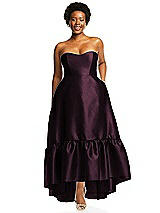 Alt View 1 Thumbnail - Deep Plum Strapless Deep Ruffle Hem Satin High Low Dress with Pockets