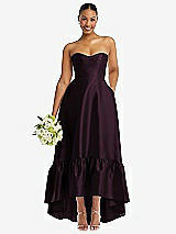 Front View Thumbnail - Deep Plum Strapless Deep Ruffle Hem Satin High Low Dress with Pockets