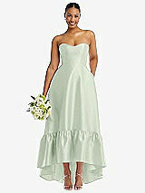 Front View Thumbnail - Mint Green Strapless Deep Ruffle Hem Satin High Low Dress with Pockets