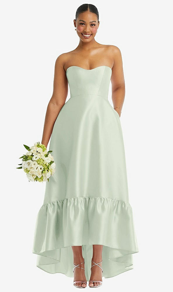 Front View - Mint Green Strapless Deep Ruffle Hem Satin High Low Dress with Pockets