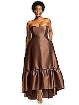 Alt View 1 Thumbnail - Cognac Strapless Deep Ruffle Hem Satin High Low Dress with Pockets