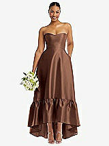 Front View Thumbnail - Cognac Strapless Deep Ruffle Hem Satin High Low Dress with Pockets