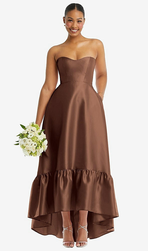 Front View - Cognac Strapless Deep Ruffle Hem Satin High Low Dress with Pockets