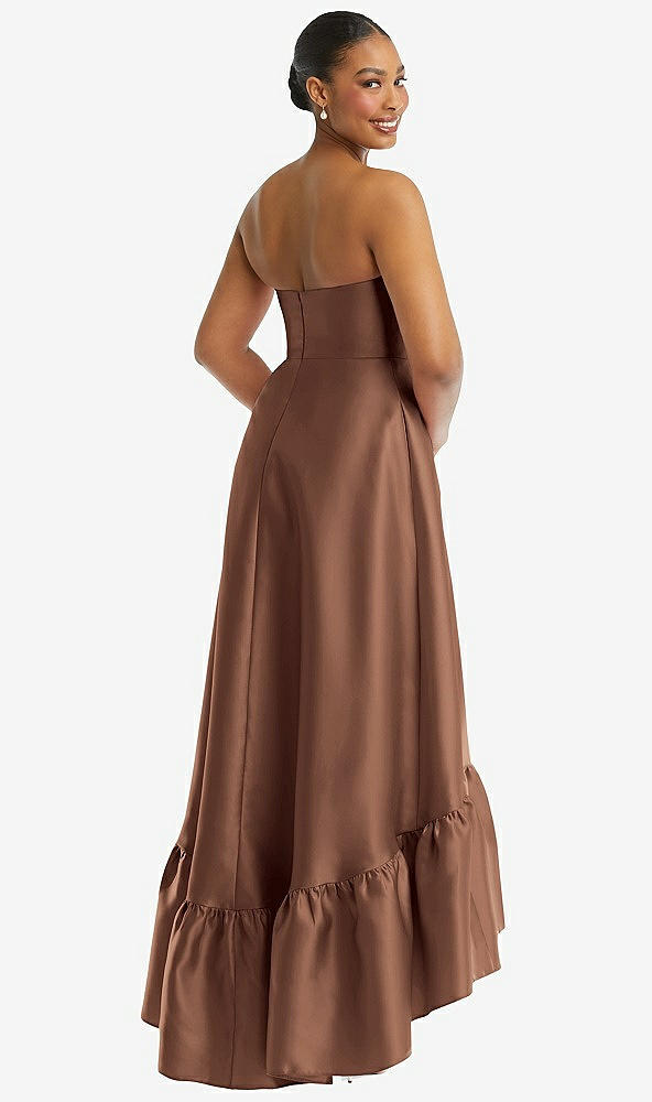 Back View - Cognac Strapless Deep Ruffle Hem Satin High Low Dress with Pockets