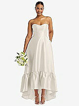 Front View Thumbnail - Ivory Strapless Deep Ruffle Hem Satin High Low Dress with Pockets