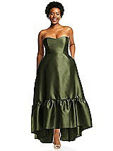 Alt View 1 Thumbnail - Olive Green Strapless Deep Ruffle Hem Satin High Low Dress with Pockets