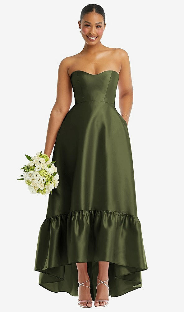 Front View - Olive Green Strapless Deep Ruffle Hem Satin High Low Dress with Pockets