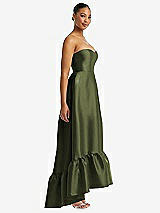 Side View Thumbnail - Olive Green Strapless Deep Ruffle Hem Satin High Low Dress with Pockets