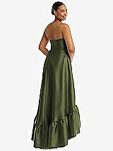Rear View Thumbnail - Olive Green Strapless Deep Ruffle Hem Satin High Low Dress with Pockets