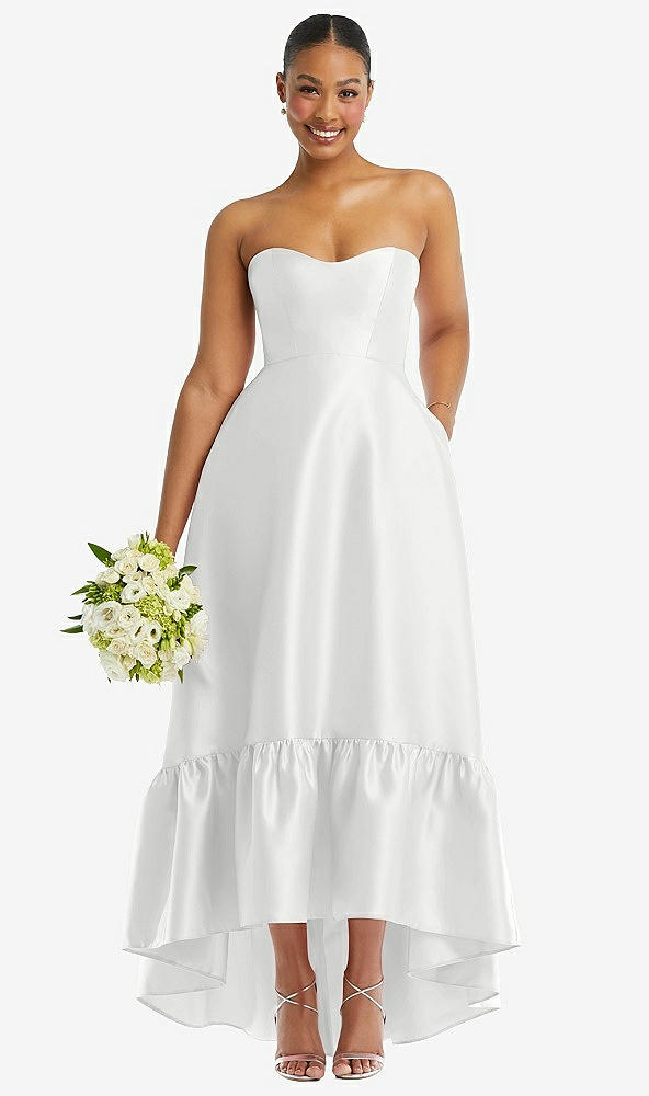 Front View - White Strapless Deep Ruffle Hem Satin High Low Dress with Pockets