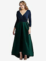 Front View Thumbnail - Evergreen & Midnight Navy Long Sleeve Wrap Dress with High Low Full Skirt and Pockets