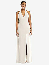 Front View Thumbnail - Ivory Plunge Neck Halter Backless Trumpet Gown with Front Slit