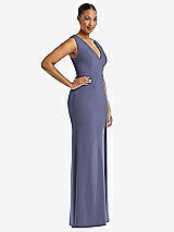 Side View Thumbnail - French Blue Deep V-Neck Closed Back Crepe Trumpet Gown with Front Slit